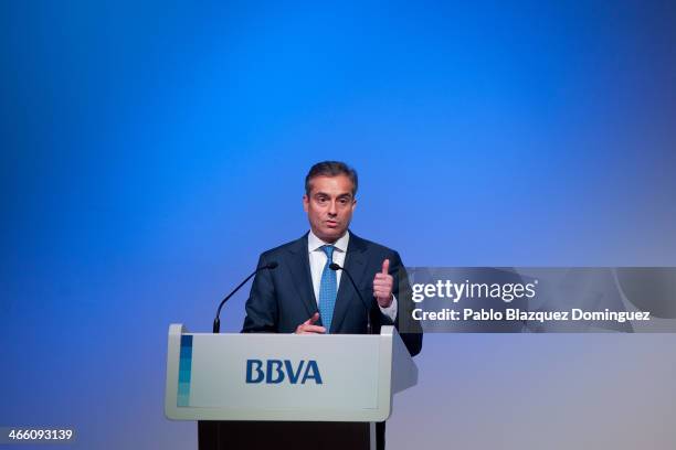 Chief operating officer Angel Cano speaks during a press conference announcing the 2013 full-year results on January 31, 2014 in Madrid, Spain. Banco...