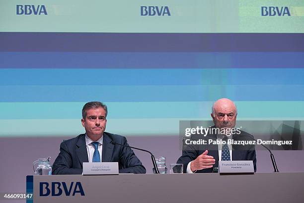 President and chief operating officer Angel Cano and BBVA chairman Francisco Gonzalez speak during a press conference announcing the 2013 full-year...