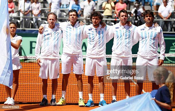 Argentinian tennis coach Martin Jaite and his players Carlos Berlocq, Juan Monaco, Horacio Ceballos and Eduardo Schwank pose before a match between...