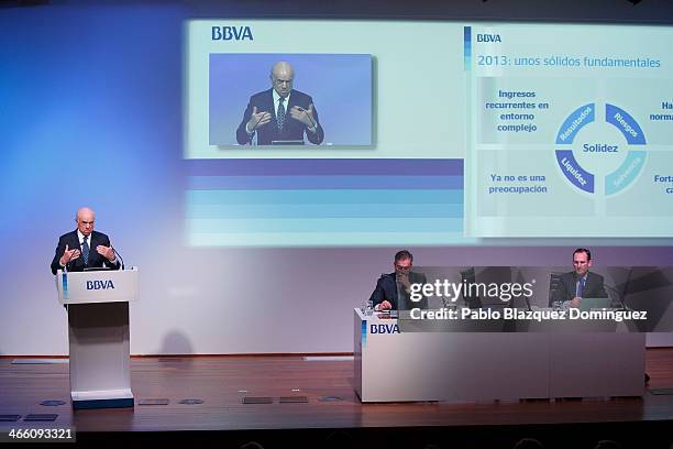 Chairman Francisco Gonzalez, BBVA president and chief operating officer Angel Cano and head of communication and brand Ignacio Moliner attend a press...