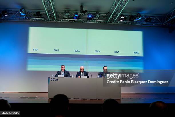 President and chief operating officer Angel Cano, BBVA chairman Francisco Gonzalez and head of communication and brand Ignacio Moliner attend a press...