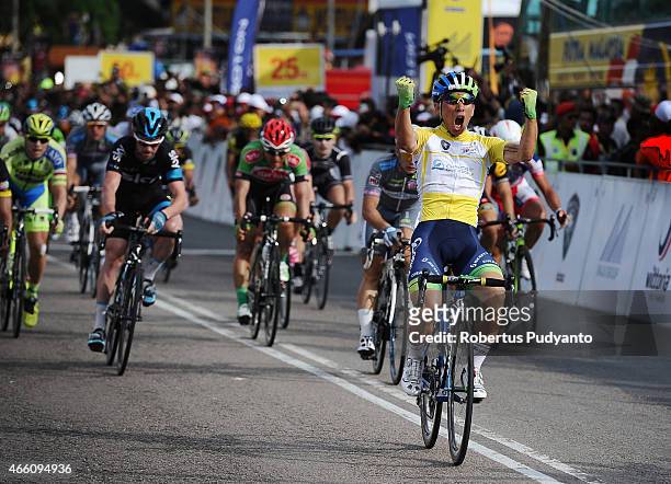 Caleb Ewan of Orica Greenedge reacts after winning Stage 6 of the 2015 Le Tour de Langkawi from Maran to Karak with a distance of 96.6 km on March...