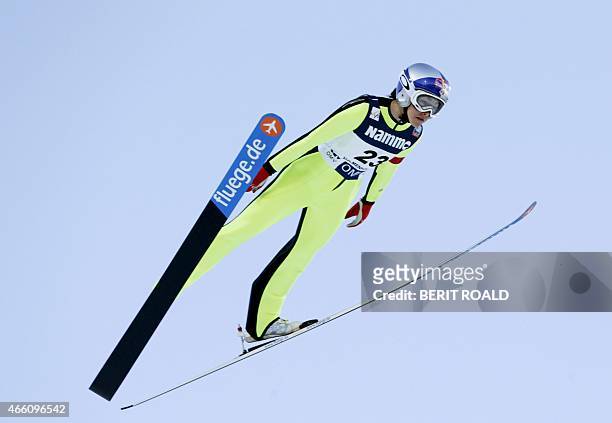 United States' Sarah Hendrickson competes in the FIS World Cup Ladies Ski Jumping competition in Oslo, on March 13, 2015. AFP PHOTO / NTB SCANPIX /...