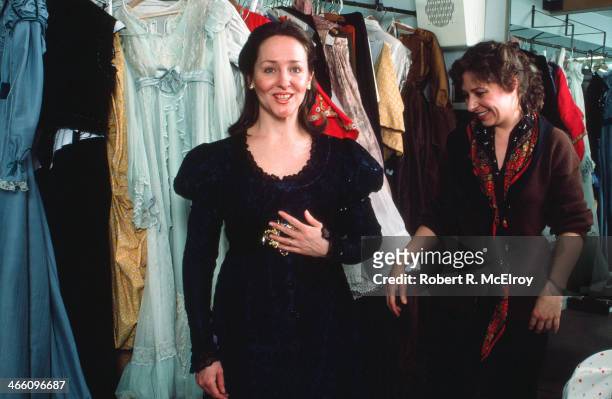 Portrait of American mezzo-soprano Frederica Von Stade backstage at Carnegie Hall as she is dressed for her role as Idamante in a performance of...