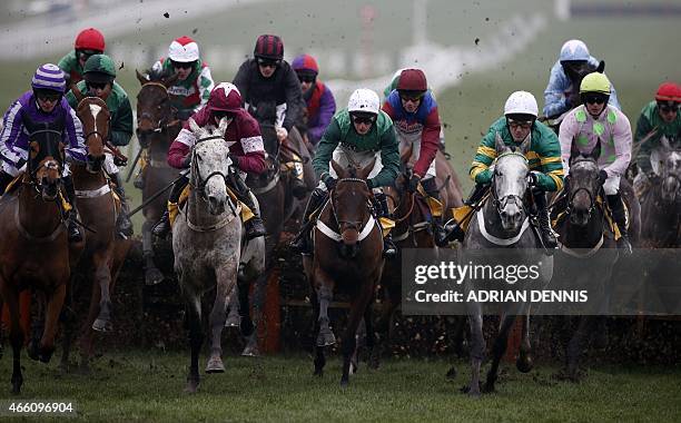 McCoy riding Hargam jumps a fence during the JCB Triumph Hurdle Race on the final day of the Cheltenham Festival horse racing meeting at Cheltenham...