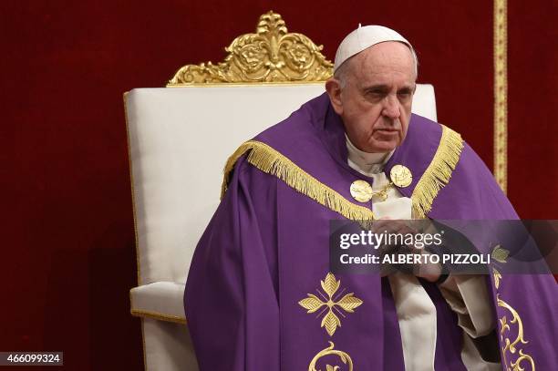 Pope Francis leads a penitential ceremony on March 13, 2015 at St Peter's basilica in Vatican. Pope Francis declared an extraordinary jubilee year to...