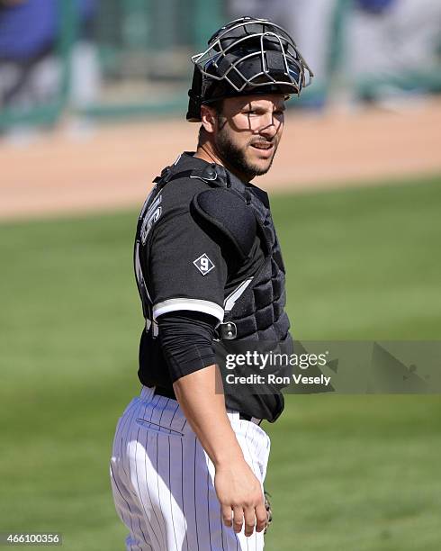 George Kottaras of the Chicago White Sox looks on during the spring training game between the Los Angeles Dodgers and Chicago White Sox on March 5,...