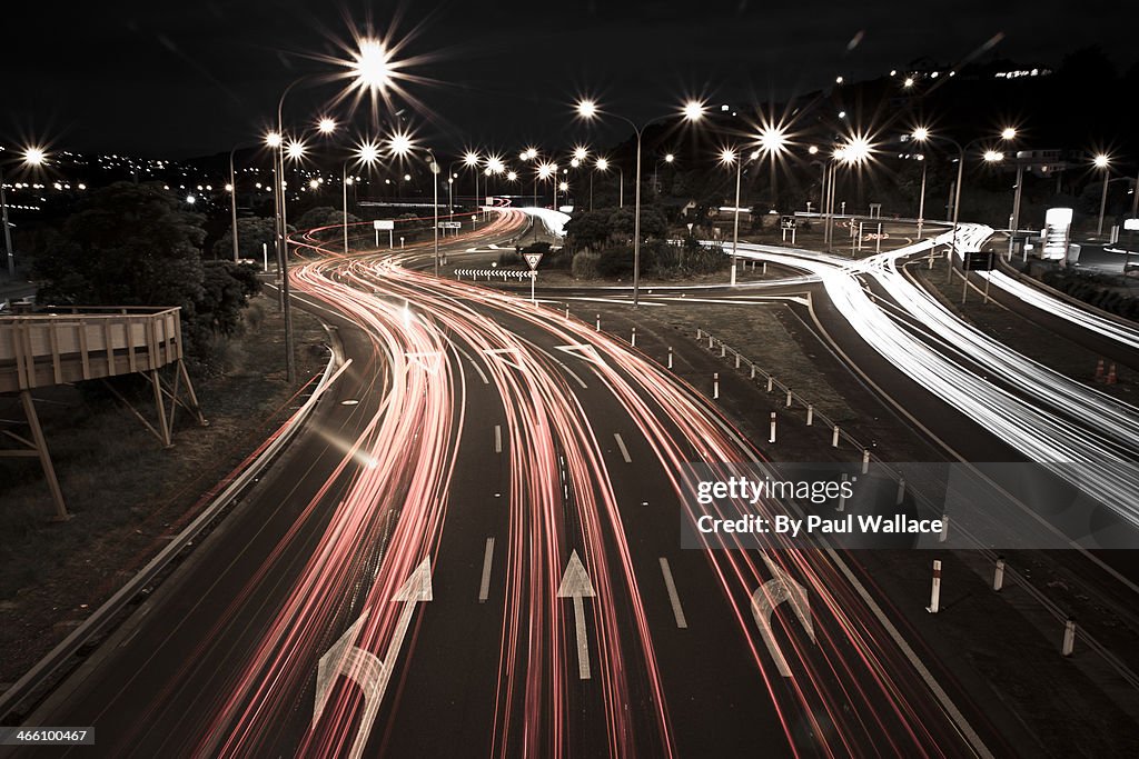 Light trails on Paremata roundabout