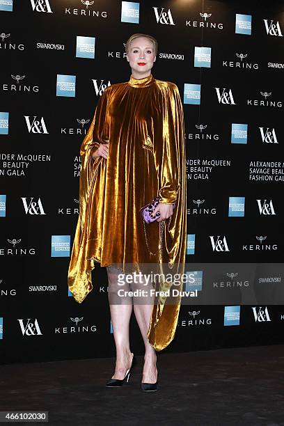 Gwendoline Christie attends a private view for the "Alexander McQueen: Savage Beauty" exhibition at Victoria & Albert Museum on March 12, 2015 in...