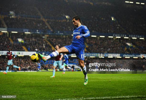 Eden Hazard of Chelsea controls the ball during the Barclays Premier League match between Chelsea and West Ham United at Stamford Bridge on January...