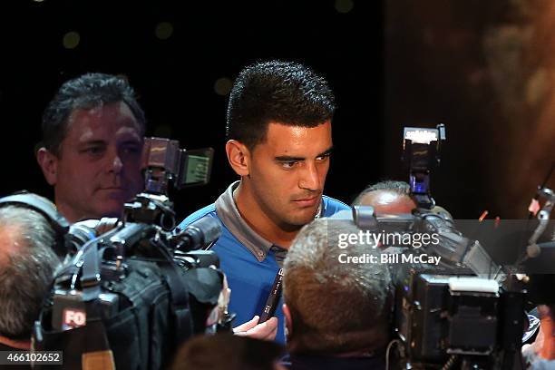 Marcus Mariota winner of the Maxwell Award for College Player of the Year attends the 78th Annual Maxwell Football Club Awards Gala Press Conference...