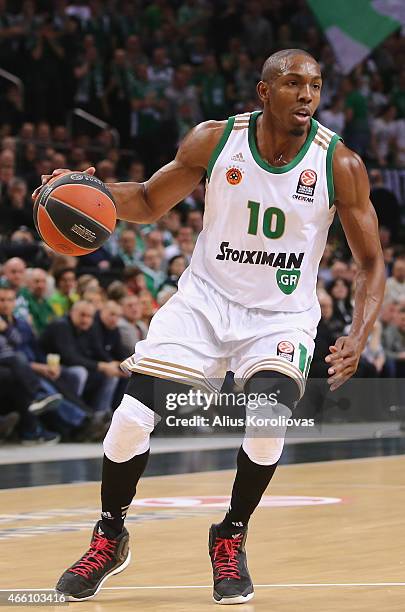 DeMarcus Nelson, #10 of Panathinaikos Athens in action during the Turkish Airlines Euroleague Basketball Top 16 Date 10 game between Zalgiris Kaunas...