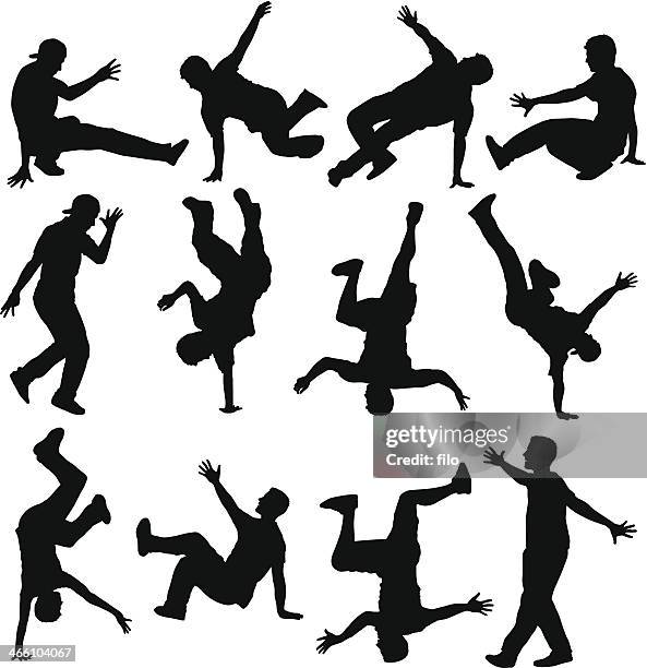 ilustraciones, imágenes clip art, dibujos animados e iconos de stock de breakdancer siluetas - hip hop dance