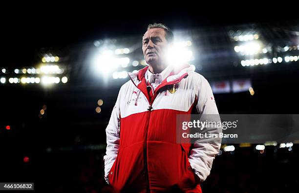 Huub Stevens head coach of VfB Stuttgart before the Bundesliga match between Bayer 04 Leverkusen and VfB Stuttgart at BayArena on March 13, 2015 in...