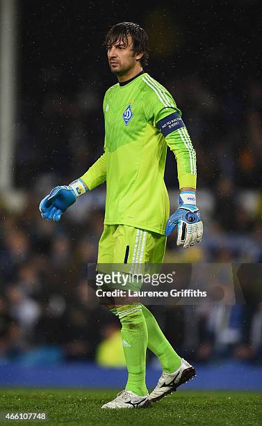 Oleksandr Shovkovskyi of Dynamo Kyiv in action during the UEFA Europa League Round of 16 match between Everton and FC Dynamo Kyiv on March 12, 2015...