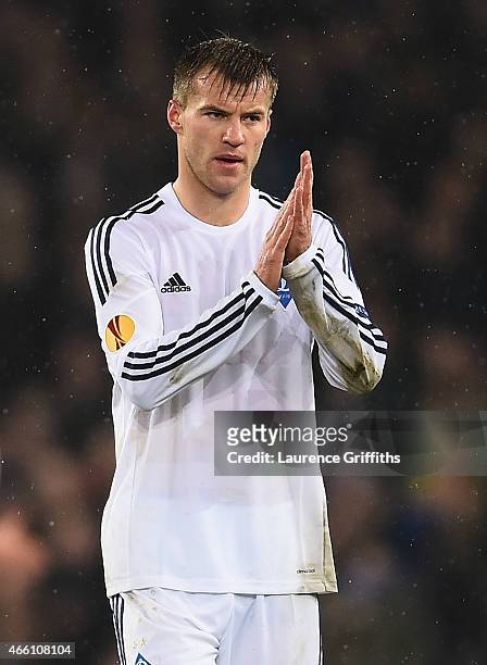 Andriy Yarmolenko of Dynamo Kyiv looks on during the UEFA Europa League Round of 16 match between Everton and FC Dynamo Kyiv on March 12, 2015 in...