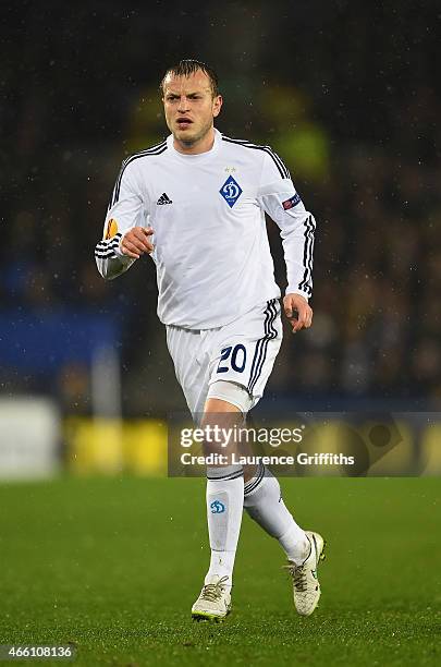 Oleh Husev of Dynamo Kyiv in action during the UEFA Europa League Round of 16 match between Everton and FC Dynamo Kyiv on March 12, 2015 in...