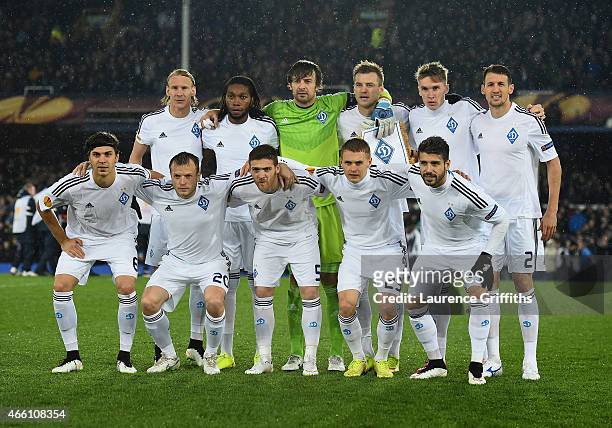 The FC Dynamo Kyiv team line up prior to the UEFA Europa League Round of 16 match between Everton and FC Dynamo Kyiv on March 12, 2015 in Liverpool,...