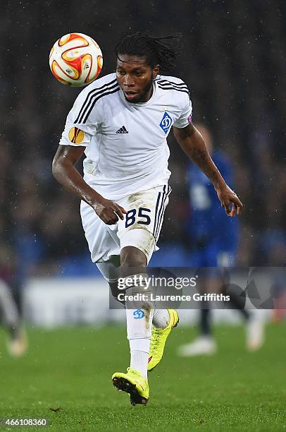 Dieudonne Mbokani of Dynamo Kyiv in action during the UEFA Europa League Round of 16 match between Everton and FC Dynamo Kyiv on March 12, 2015 in...