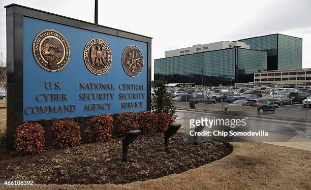 The seals of the U.S. Cyber Command, the National Secrity Agency and the Central Security Service greet employees and visitors at the campus the...
