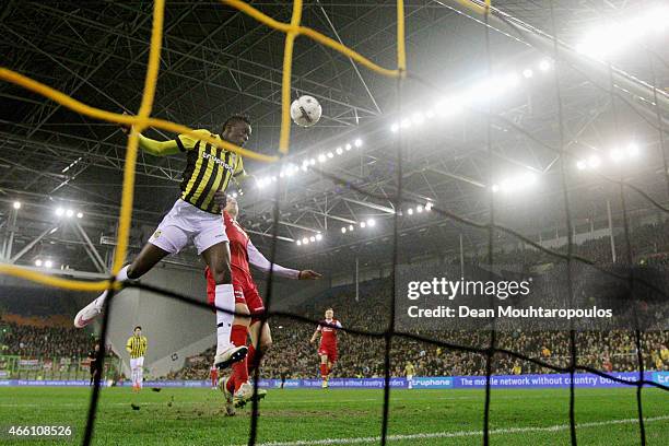 Bertrand Traore of Vitesse heads the ball into the empty net to score the first goal of the game during the Dutch Eredivisie match between Vitesse...