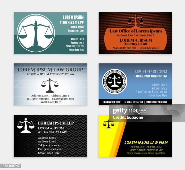 illustrazioni stock, clip art, cartoni animati e icone di tendenza di avvocato business card set di colore - biglietto da visita