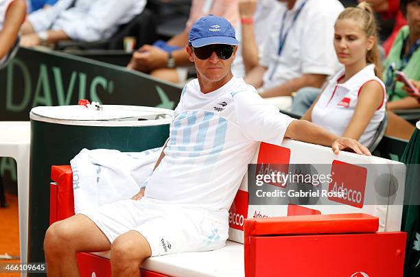 Martin Jaite Coach of Argentina looks on during a match between Argentina and Italy as part of the Davis Cup at Patinodromo Stadium on January 31,...