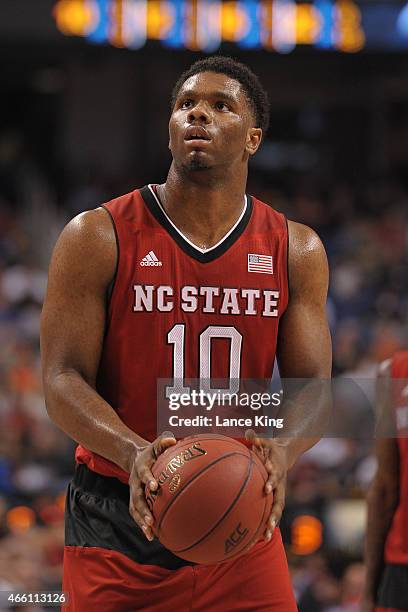 Lennard Freeman of the North Carolina State Wolfpack concentrates at the free throw line against the Duke Blue Devils during the quarterfinals of the...