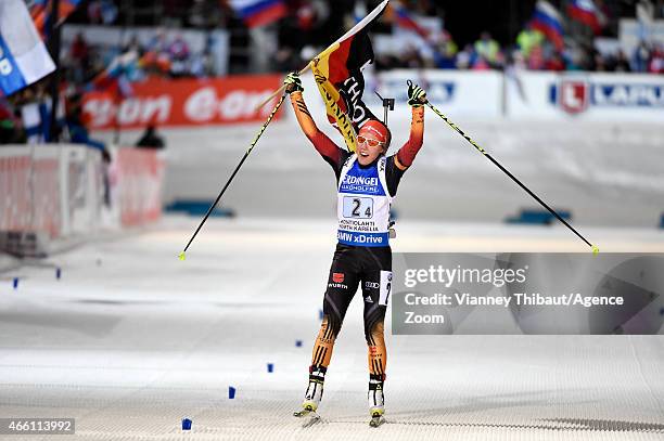 Vanessa Hinz of Germany takes 1st place during the IBU Biathlon World Championships Women's Relay on March 13, 2015 in Kontiolahti, Finland.