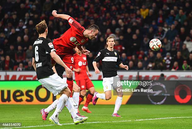 Josip Drmic of Bayer 04 Leverkusen scores the second goal during the Bundesliga match between Bayer 04 Leverkusen and VfB Stuttgart at BayArena on...