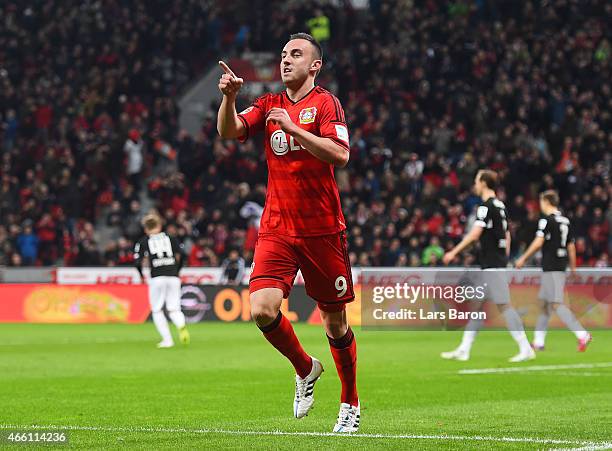 Josip Drmic of Bayer 04 Leverkusen celebrates after scoring the second goal during the Bundesliga match between Bayer 04 Leverkusen and VfB Stuttgart...