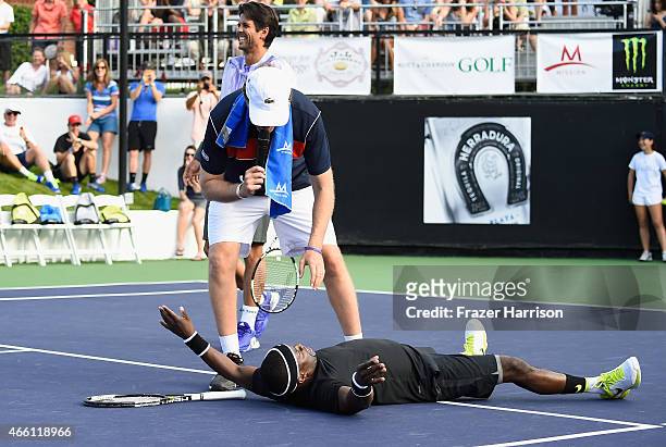 Actor Will Ferrell, tennis pro, Fernando Verdasco, actor Kevin Hart play tennis at the 11th Annual Desert Smash Hosted By Will Ferrell Benefiting...