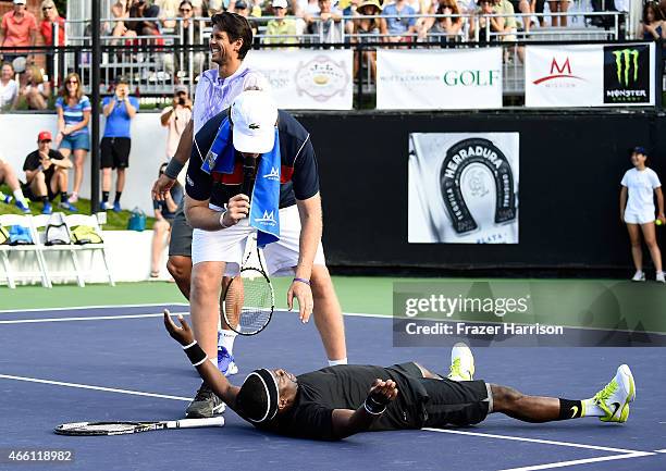 Actor Will Ferrell, tennis pro, Fernando Verdasco, actor Kevin Hart play tennis at the 11th Annual Desert Smash Hosted By Will Ferrell Benefiting...