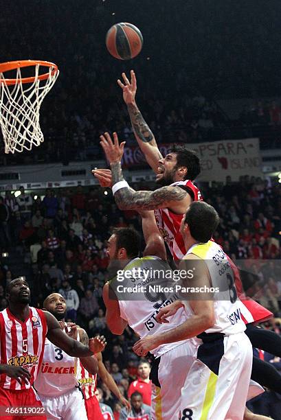 Georgios Printezis, #15 of Olympiacos Piraeus in action during the Turkish Airlines Euroleague Basketball Top 16 Date 10 game between Olympiacos...