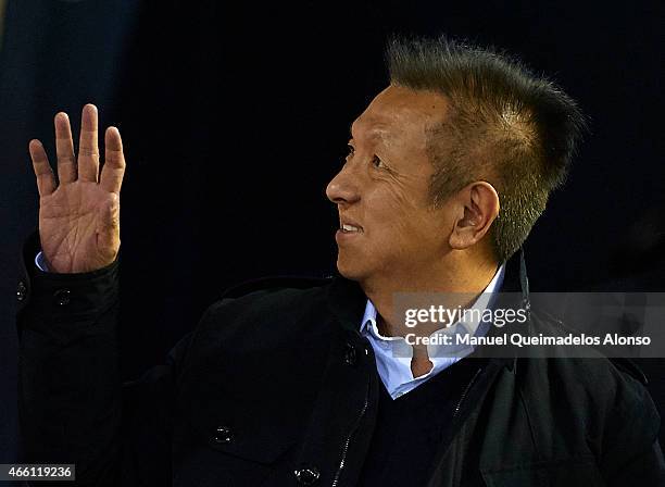 Owner of Valencia CF Peter Lim greets the fans prior to the start of the La Liga match between Valencia CF and RC Deportivo de La Coruna at Estadi de...