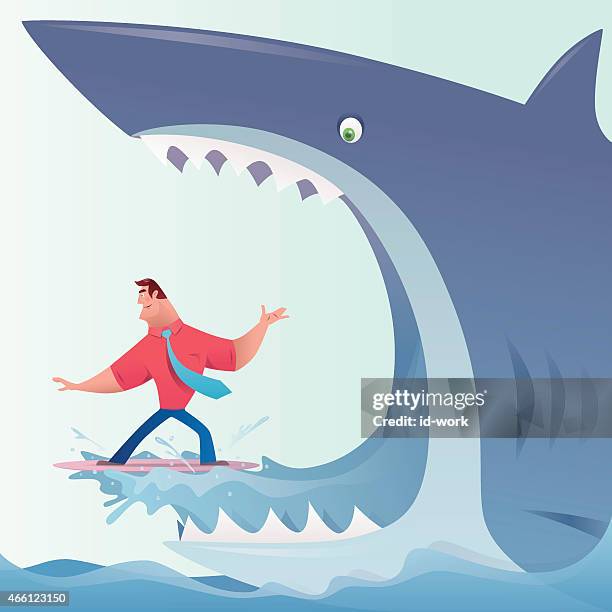 shark eating surfer businessman - survival stock illustrations