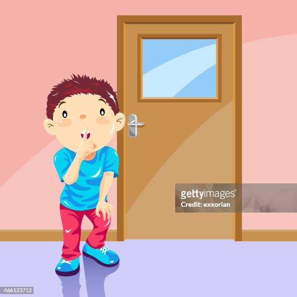 boy showing keep quiet gesture in front of the door - couvert stock illustrations