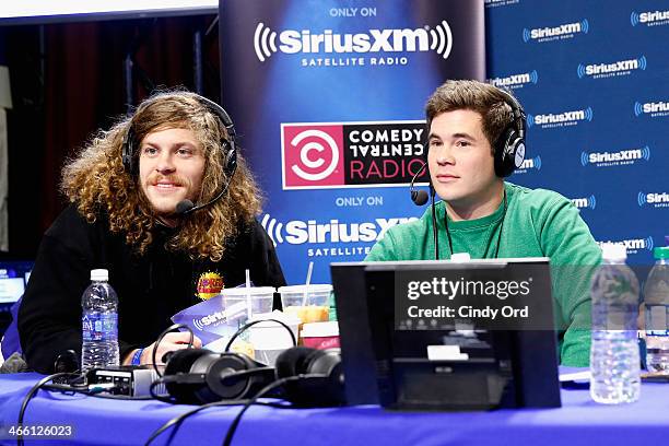 Comedians Blake Anderson and Adam DeVine of 'Workaholics' attend SiriusXM at Super Bowl XLVIII Radio Row on January 31, 2014 in New York City.