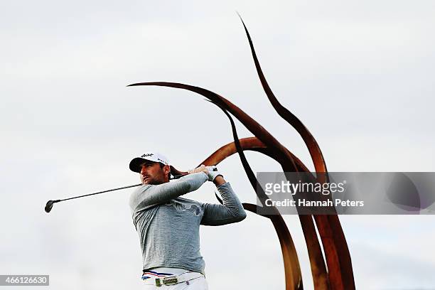 Michael Hendry of New Zealand tees off during day three of the New Zealand Open at The Hills Golf Club on March 14, 2015 in Queenstown, New Zealand.