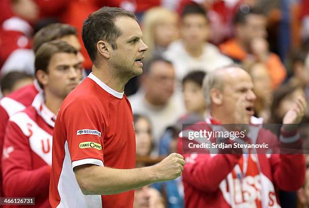 Team captain Severin Luthi of Switzerland reacts during the match between Stanislas Wawrinka of Switzeraland and Dusan Lajovic of Serbia during day...