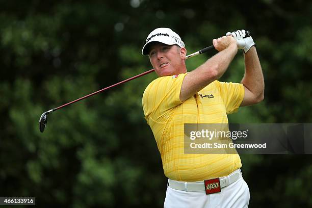 Points hits off the ninth tee during the second round of the Valspar Championship at Innisbrook Resort Copperhead Course on March 13, 2015 in Palm...