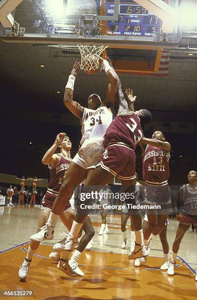 Auburn Charles Barkley in action, rebound vs Mississippi State at Beard-Eaves-Memorial Coliseum. Auburn, AL 3/2/1984 CREDIT: George Tiedemann