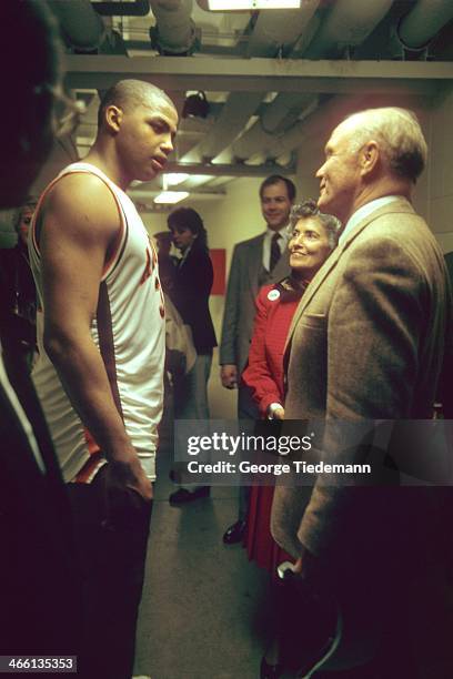 Auburn Charles Barkley talking to United States Senator and former astronaut John Glenn after game vs Mississippi State at Beard-Eaves-Memorial...