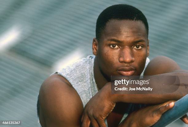 Closeup portrait of Auburn Bo Jackson during photo shoot at Jordan-Hare Stadium. Auburn, AL 5/29/1984 CREDIT: Joe McNally