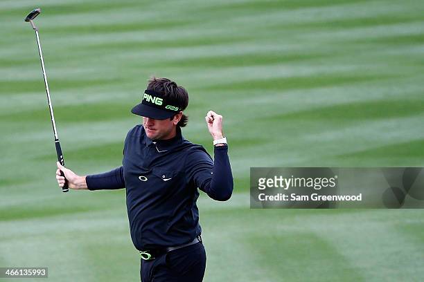 Bubba Watson reacts to making a birdie on the 8th hole during the second round of the Waste Management Phoenix Open at TPC Scottsdale on January 31,...