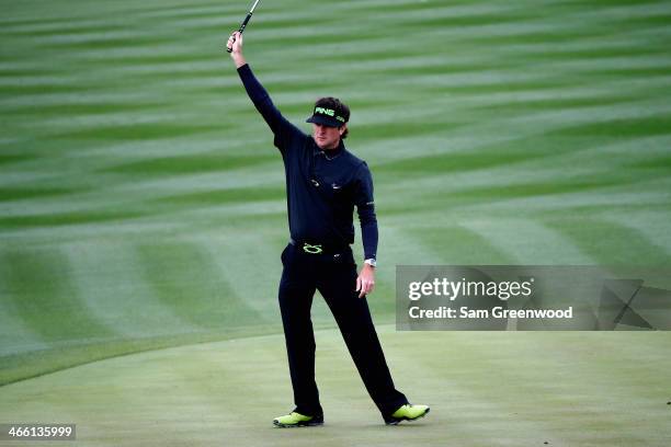 Bubba Watson reacts to making a birdie on the 8th hole during the second round of the Waste Management Phoenix Open at TPC Scottsdale on January 31,...