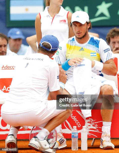 Juan Monaco and his coach Martin Jaite Coach talk during a match between Argentina and Italy as part of the Davis Cup at Patinodromo Stadium on...
