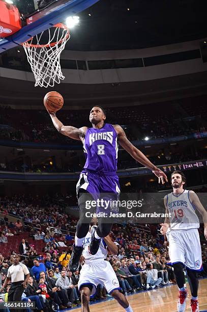 Rudy Gay of the Sacramento Kings goes up for the dunk against the Philadelphia 76ers at Wells Fargo Center on March 13, 2015 in Philadelphia,...