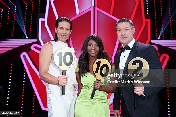 Jorge Gonzalez, Motsi Mabuse and Joachim Llambi atend the 1st show of the television competition 'Let's Dance' on March 13, 2015 in Cologne, Germany.