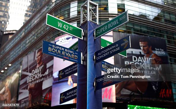 Fans participate in the festivities on Super Bowl Boulevard in Times Square prior to Super Bowl XLVIII on January 31, 2014 in New York City. Super...